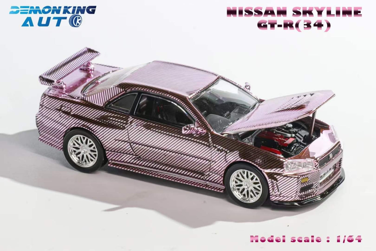 Demon King Auto 1:64 Nissan Skyline GT-R R34 Z-Tune Openable Engine Hood Full Carbon Pink