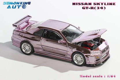 Demon King Auto 1:64 Nissan Skyline GT-R R34 Z-Tune Openable Engine Hood Full Carbon Pink