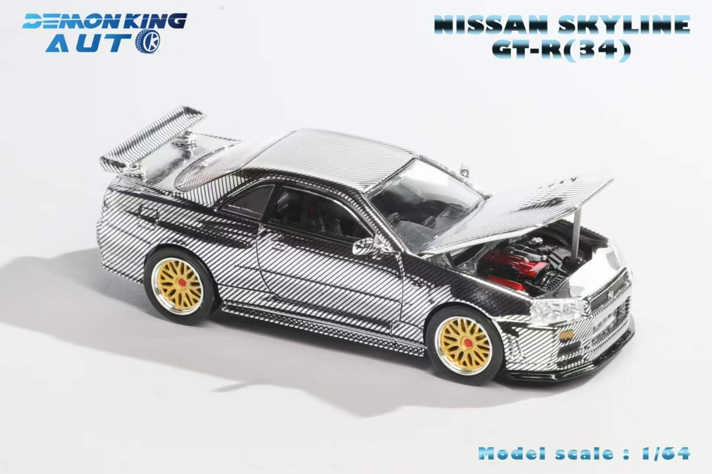 Demon King Auto 1:64 Nissan Skyline GT-R R34 Z-Tune Openable Engine Hood Full Carbon Silver