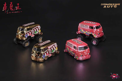 Demon King Auto x HY Model 1:64 Volkswagen T1 Kombi Camper Van Short Axis Egg Car M&M Edition Chrome Pink 4x4 Monster Truck Wheels