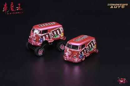 Demon King Auto x HY Model 1:64 Volkswagen T1 Kombi Camper Van Short Axis Egg Car M&M Edition Chrome Pink 4x4 Monster Truck Wheels