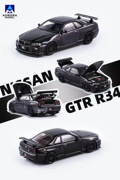 Aurora Model 1:64 Nissan Skyline GT-R R34 Z-Tune Chrome Black Openable Engine Hood China All In Tuning Expo 2024 Limited Edition 499 Pieces