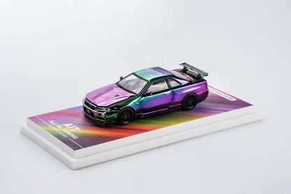 Aurora Model 1:64 Nissan Skyline GT-R R34 Z-Tune Chrome Magic Purple Openable Engine Hood China All In Tuning Expo 2024 Limited Edition 499 Pieces