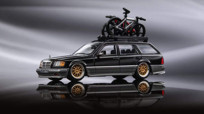 Mortal 1:64 Mercedes Benz E Class S124 Estate Black and Silver Low Stance BBS Gold Wheels Version with Roof Cage and Bicycles Limited 499 Pieces