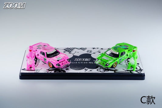 Zoom 1:64 Ford GT40 MK1 (P/1075) Tyrannosaurus Rexy and Roxy Green and Pink 2 Cars Set with 2 Dinosaur Figures