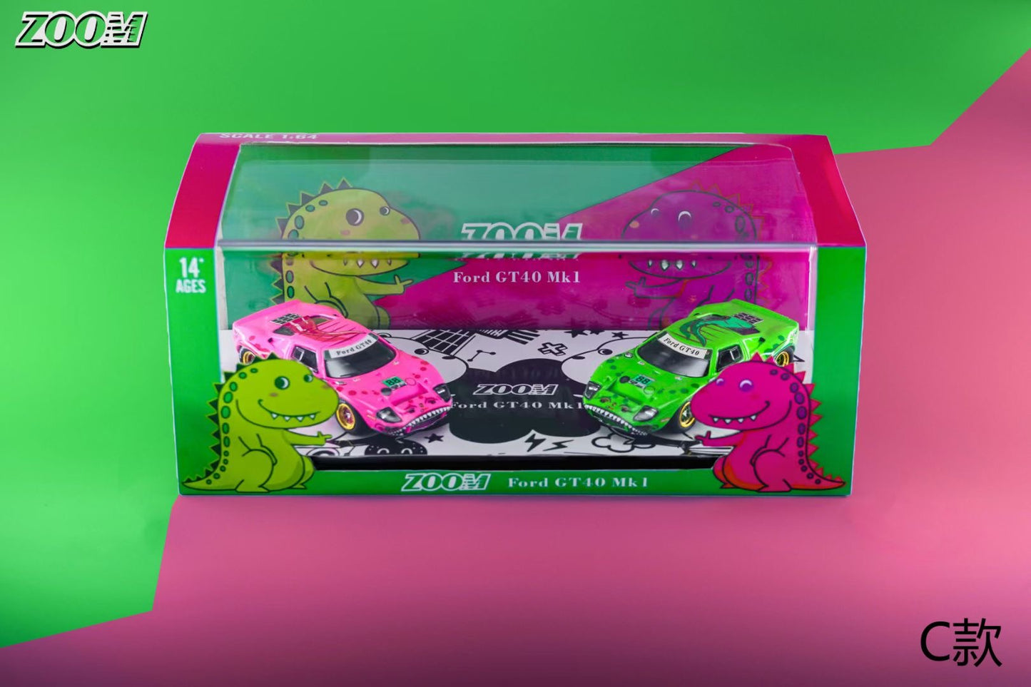 Zoom 1:64 Ford GT40 MK1 (P/1075) Tyrannosaurus Rexy and Roxy Green and Pink 2 Cars Set with 2 Dinosaur Figures