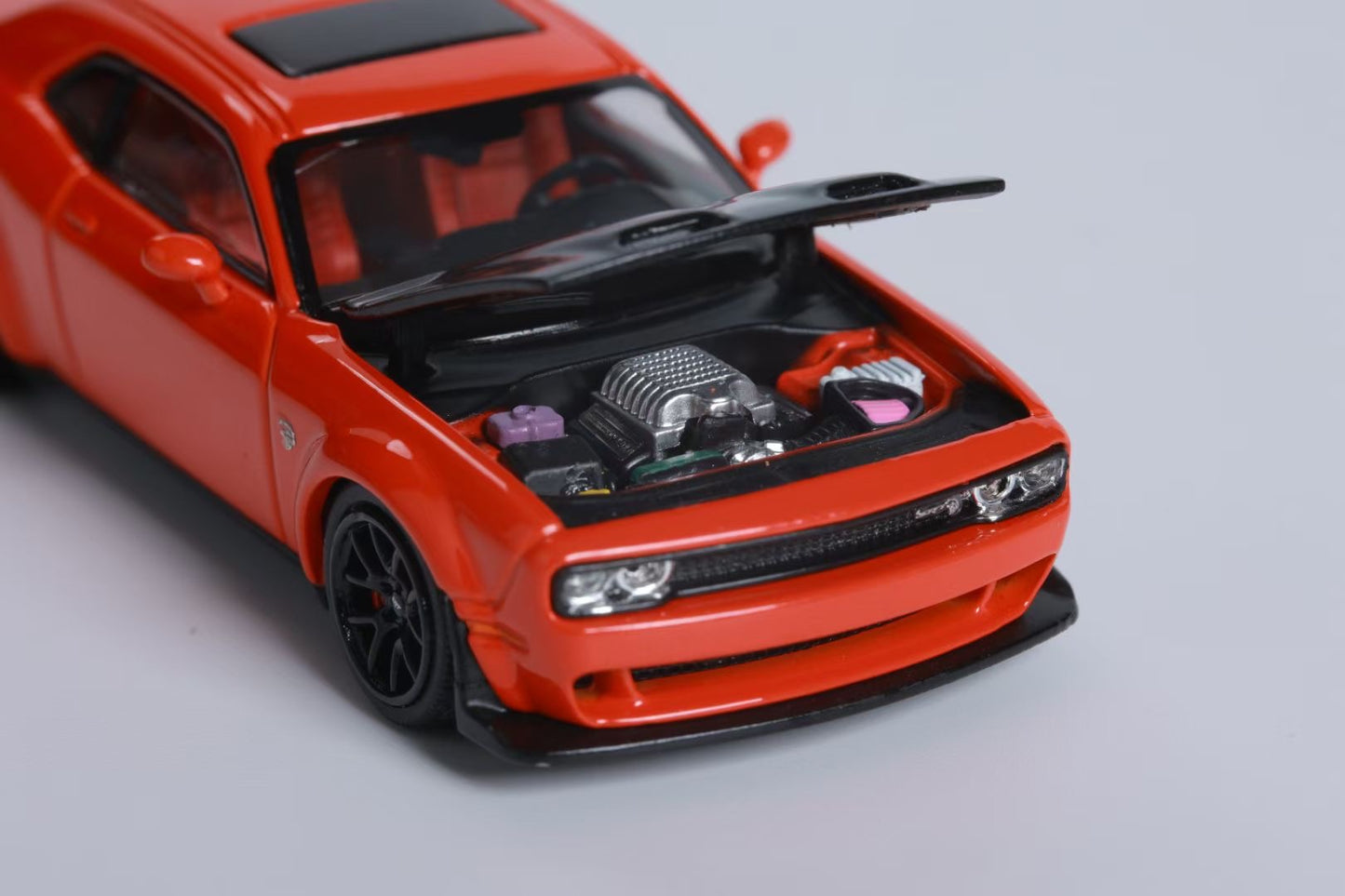Stance Hunters 1:64 Dodge Challenger Mk3 SRT Hellcat Red Carbon with Openable Engine Hood
