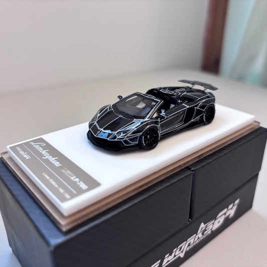 [Premium Resin Model] Fine Works 1:64 Aventador LP700-4 Roadster Convertible Liberty Walk Edition Tron Black White Panel Lines Limited 199 Pieces