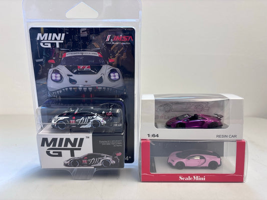 [3 Cars Bundle] Mini GT 1:64 Porsche 911 GT3 R #77 AO Racing 2025 IMSA Petit Le Mans in Blister Packaging (MGT01143-BL)  + [Premium Resin Model] Qidian Model 1:64 Aventador LP700-4 Roadster Purple + [Premium Resin Model] Scale Mini 1:64 Chiron Pink