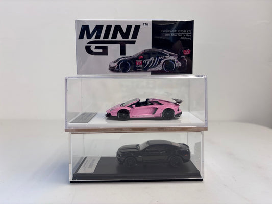 [3 Cars Bundle] Mini GT 1:64 Porsche 911 GT3 R #77 AO Racing 2025 IMSA Petit Le Mans in Paper Box Packaging (MGT01143-CH)  + [Premium Resin Model] Fine Works 1:64 Aventador LP700-4 Pink Luminous + Fine Works 1:64 Camaro Transformers Full Black