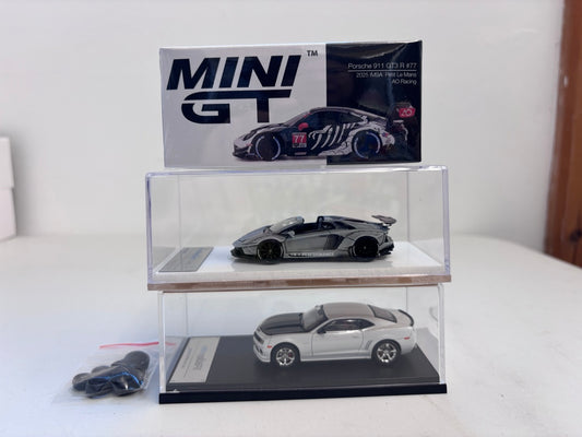 [3 Cars Bundle] Mini GT 1:64 Porsche 911 GT3 R #77 AO Racing 2025 IMSA Petit Le Mans in Paper Box Packaging (MGT01143-CH)  + [Premium Resin Model] Fine Works 1:64 Aventador LP700-4 Combat White + Fine Works 1:64 Camaro Transformers White