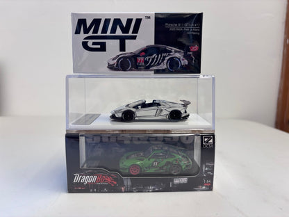 [3 Cars Bundle] Mini GT 1:64 Porsche 911 GT3 R #77 AO Racing 2025 IMSA Petit Le Mans in Paper Box Packaging (MGT01143-CH)  + [Premium Resin Model] Fine Works 1:64 Aventador LP700-4 White Black Panel Lines + DCM 1:64 RWB 993 Duck Tail Green
