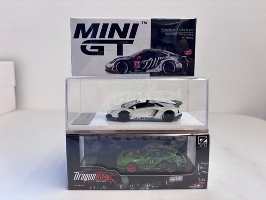 [3 Cars Bundle] Mini GT 1:64 Porsche 911 GT3 R #77 AO Racing 2025 IMSA Petit Le Mans in Paper Box Packaging (MGT01143-CH)  + [Premium Resin Model] Fine Works 1:64 Aventador LP700-4 White + DCM 1:64 RWB 993 Duck Tail Green