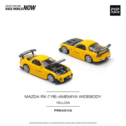 Pop Race 1:64 Mazda RX-7 Re-Amemiya Widebody Yellow Openable Engine Hood (PR640116)