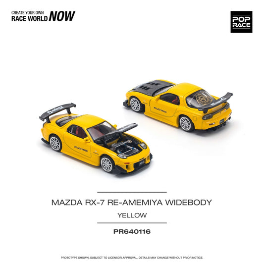 Pop Race 1:64 Mazda RX-7 Re-Amemiya Widebody Yellow Openable Engine Hood (PR640116)