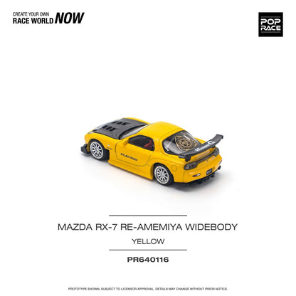 Pop Race 1:64 Mazda RX-7 Re-Amemiya Widebody Yellow Openable Engine Hood (PR640116)