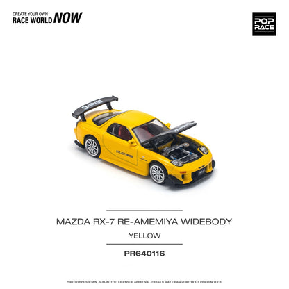 Pop Race 1:64 Mazda RX-7 Re-Amemiya Widebody Yellow Openable Engine Hood (PR640116)