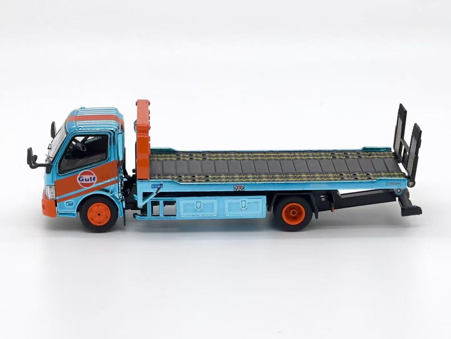 Unique Model 1:64 Hino 300 Custom Flat Bed Tow Truck Chrome Gulf