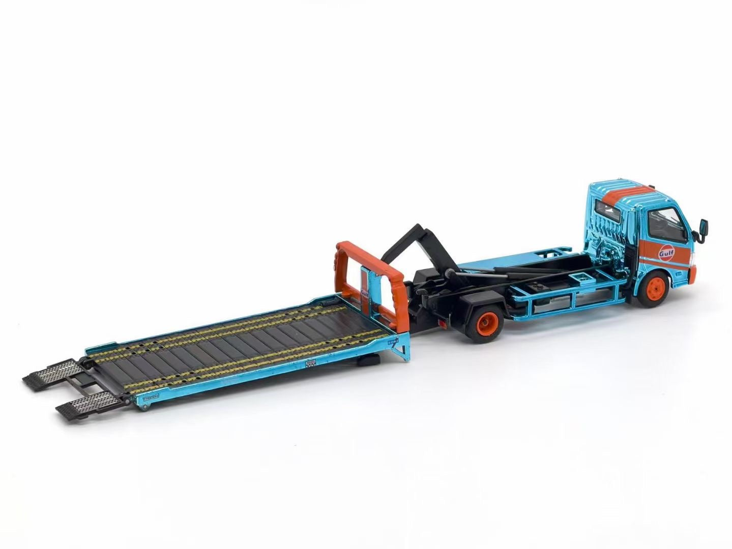 Unique Model 1:64 Hino 300 Custom Flat Bed Tow Truck Chrome Gulf