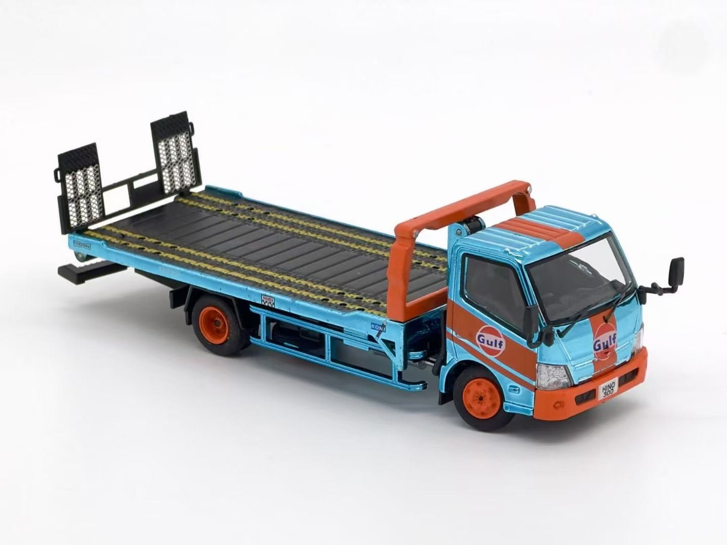 Unique Model 1:64 Hino 300 Custom Flat Bed Tow Truck Chrome Gulf