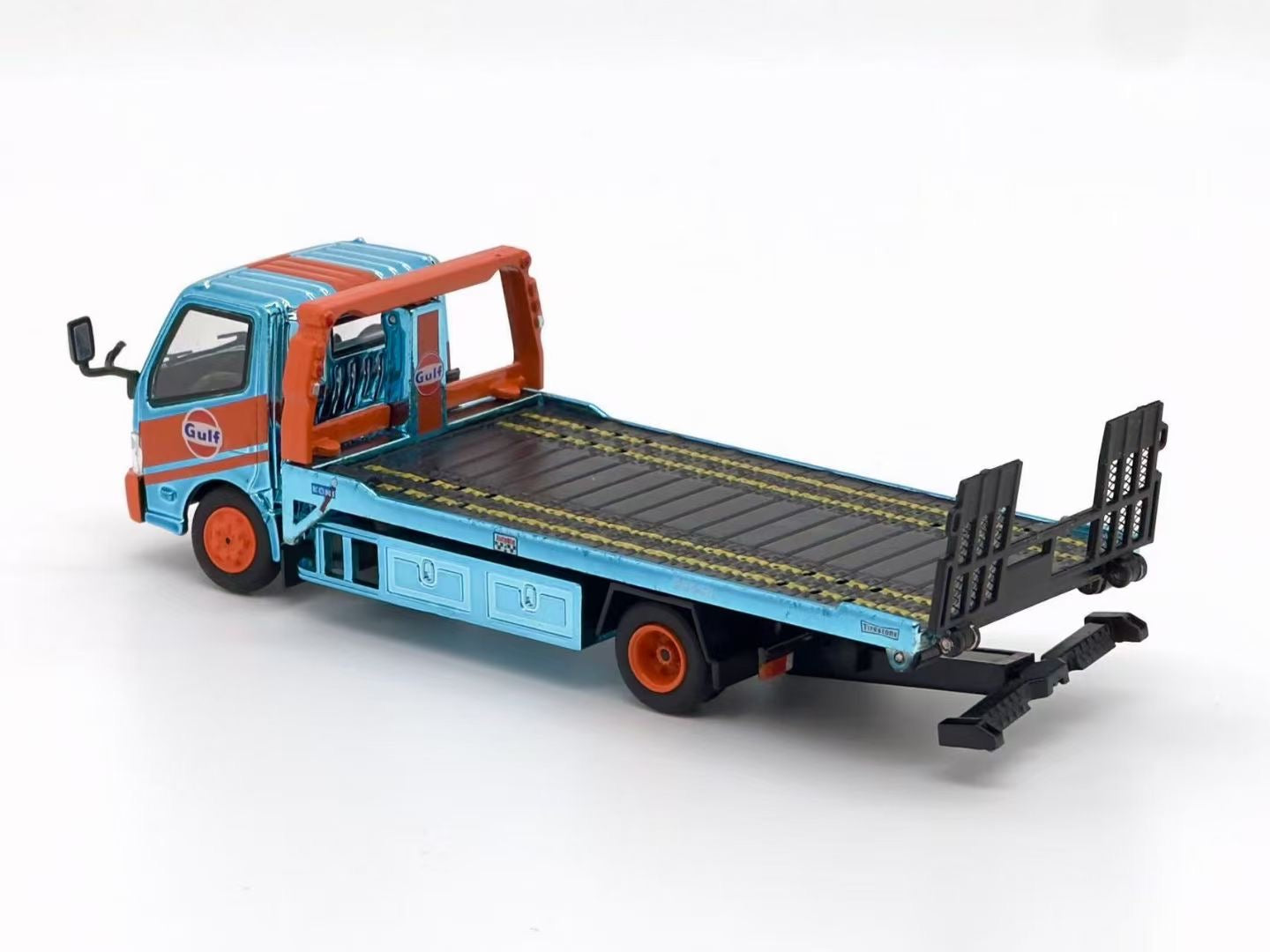 Unique Model 1:64 Hino 300 Custom Flat Bed Tow Truck Chrome Gulf