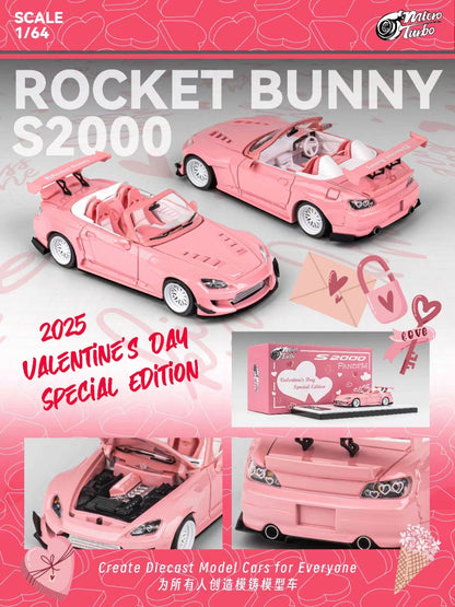 Micro Turbo 1:64 Honda S2000 AP1 Pandem Rocket Bunny Custom Metallic Pink 2025 Valentines Day Special Edition (Openable Engine Hood + Removable Engine + Magnetic Removable Wing)