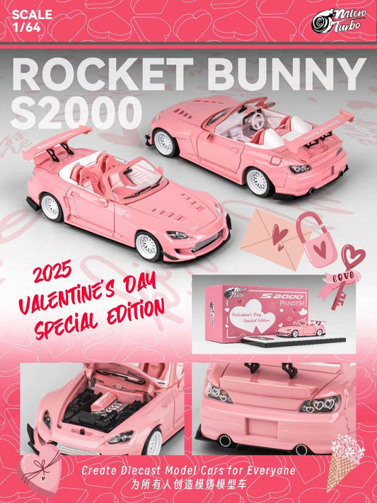 Micro Turbo 1:64 Honda S2000 AP1 Pandem Rocket Bunny Custom Metallic Pink 2025 Valentines Day Special Edition (Openable Engine Hood + Removable Engine + Magnetic Removable Wing)