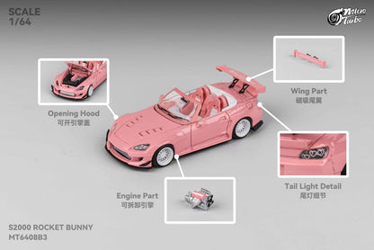 Micro Turbo 1:64 Honda S2000 AP1 Pandem Rocket Bunny Custom Metallic Pink 2025 Valentines Day Special Edition (Openable Engine Hood + Removable Engine + Magnetic Removable Wing)