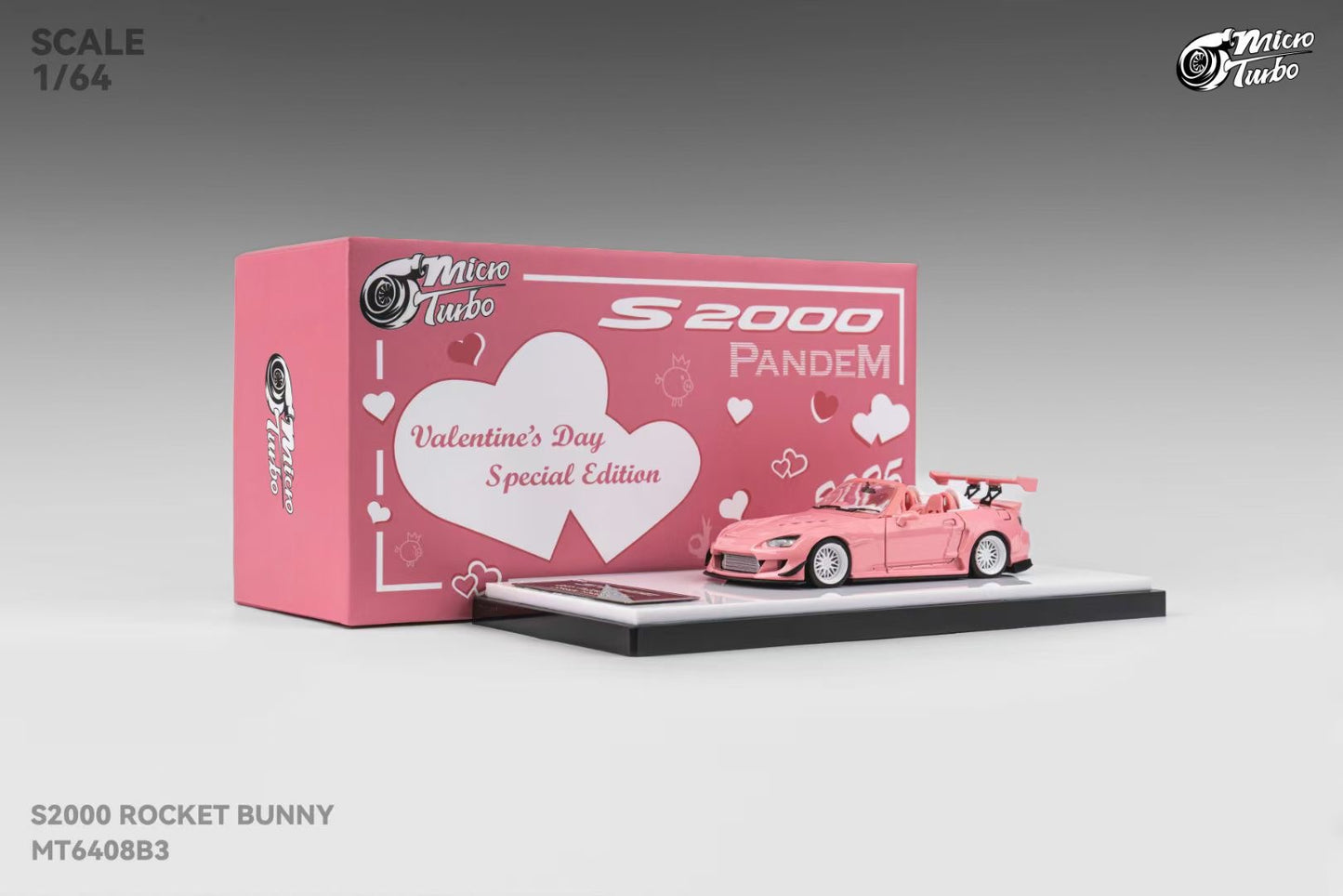 Micro Turbo 1:64 Honda S2000 AP1 Pandem Rocket Bunny Custom Metallic Pink 2025 Valentines Day Special Edition (Openable Engine Hood + Removable Engine + Magnetic Removable Wing)