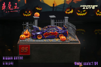 Demon King Auto 1:64 Nissan Skyline GT-R R34 Z-Tune Openable Engine Hood Halloween Special Edition with Halloween Diorama