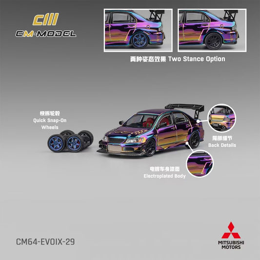 CM Model 1/64 Mitsubishi Lancer Evolution IX EVO 9 Voltex Custom Official Licensed Chrome Colours with Extra Wheel Set