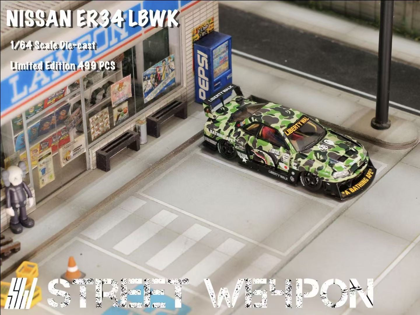 Street Weapon 1/64 Nissan Skyline GT-R R34 ER34 LBWK Super Silhouette Bape Camouflage Edition Openable Engine Hood Limited 499 Pieces