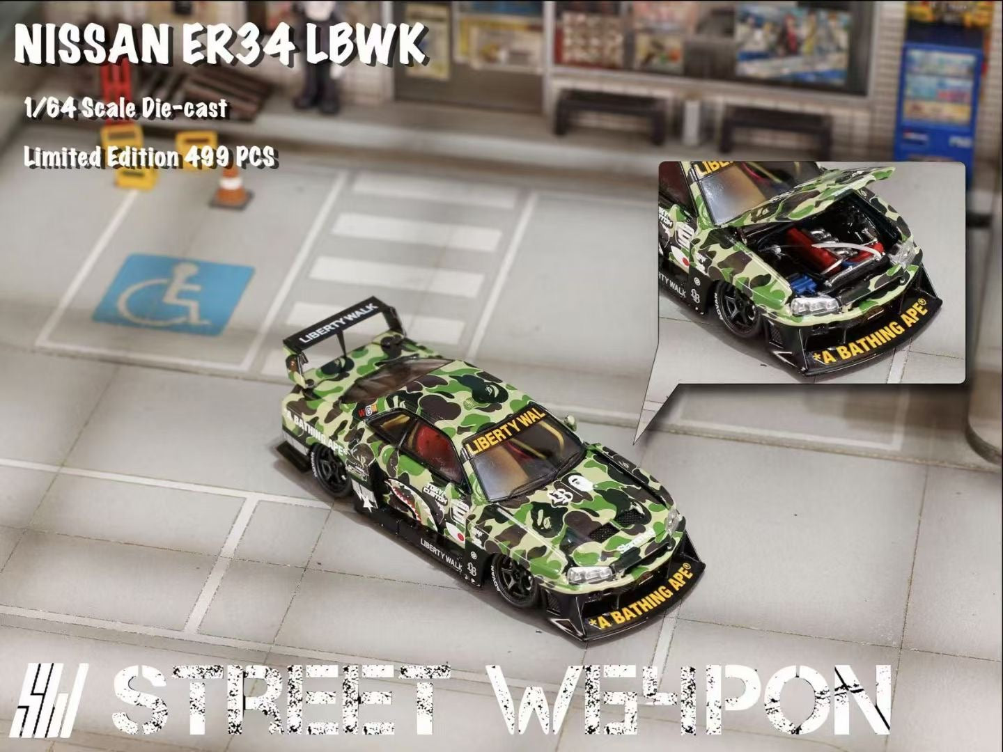 Street Weapon 1/64 Nissan Skyline GT-R R34 ER34 LBWK Super Silhouette Bape Camouflage Edition Openable Engine Hood Limited 499 Pieces
