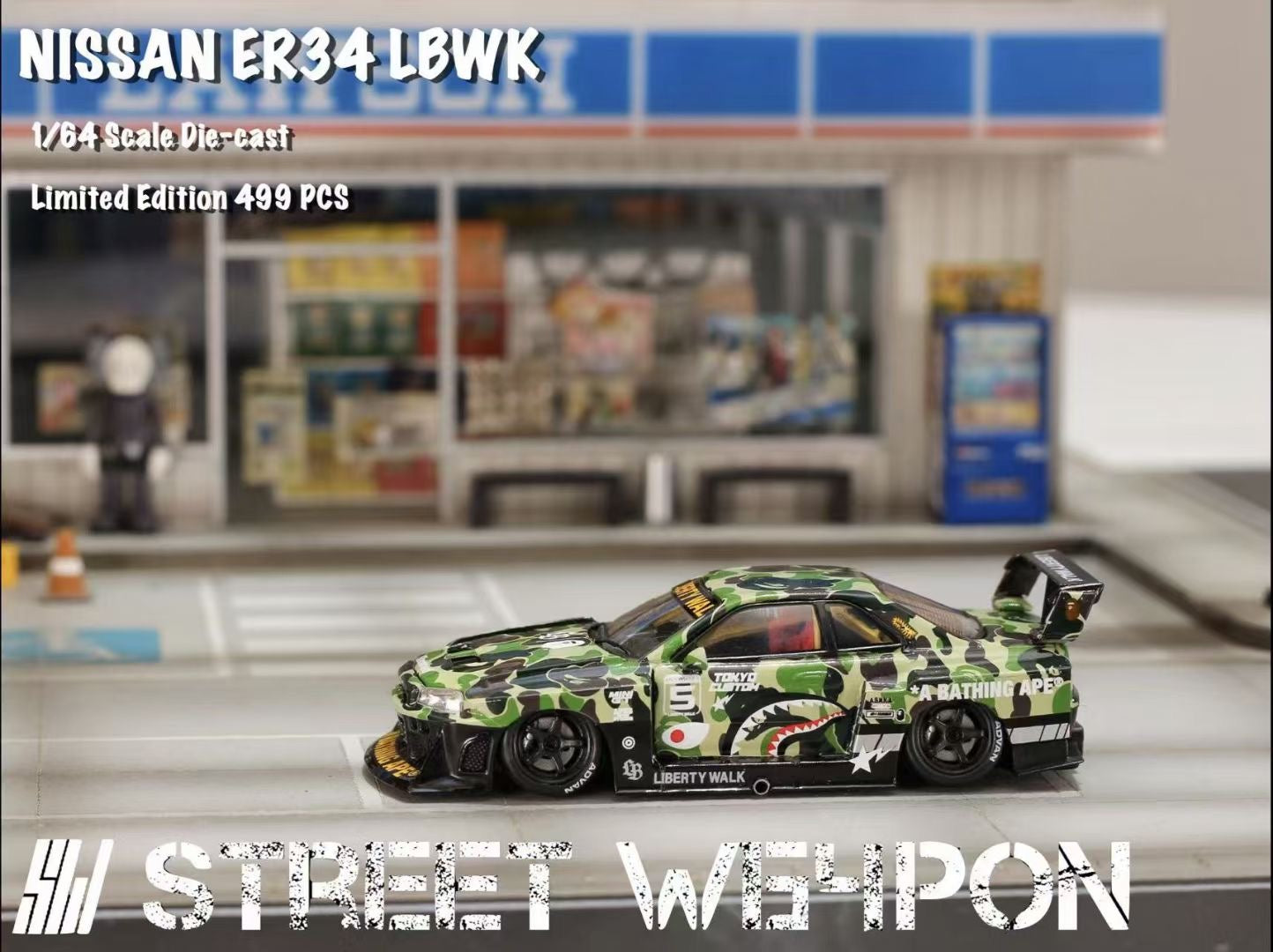 Street Weapon 1/64 Nissan Skyline GT-R R34 ER34 LBWK Super Silhouette Bape Camouflage Edition Openable Engine Hood Limited 499 Pieces