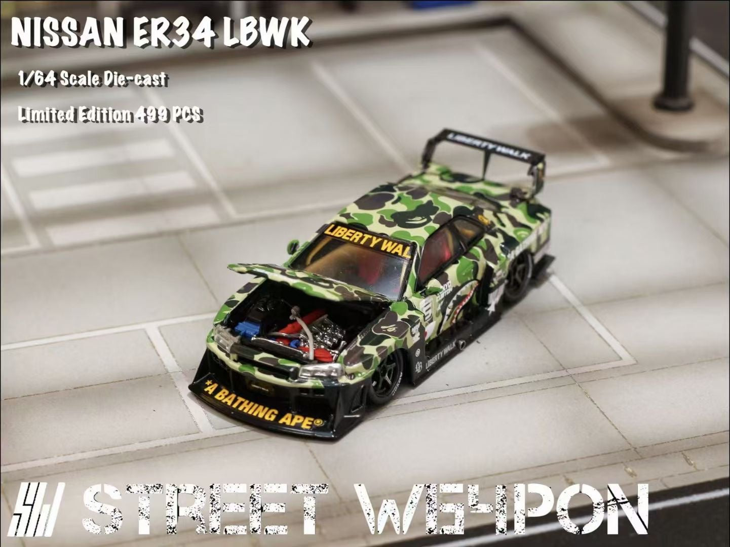 Street Weapon 1/64 Nissan Skyline GT-R R34 ER34 LBWK Super Silhouette Bape Camouflage Edition Openable Engine Hood Limited 499 Pieces