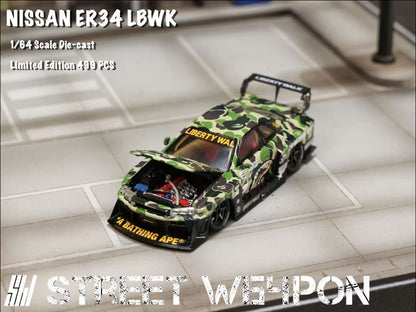 Street Weapon 1/64 Nissan Skyline GT-R R34 ER34 LBWK Super Silhouette Bape Camouflage Edition Openable Engine Hood Limited 499 Pieces