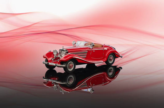Liberty64 1:64 Mercedes-Benz 500K (W29) Red (Flocked Foot Pads, Hardware Details, Wooden Platform + Acrylic Transparent Box + Flip-Top Gift Box Packaging)