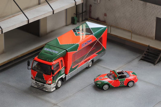 Shadow Pro 1:64 Mitsubishi Fuso Fighter MK2 FK 2017 Outriggers Raised Transparent Truck + Mazda MX-5 NC Le Mans Champion 787b Orange Green Limited 999 Pieces -2 Car Set