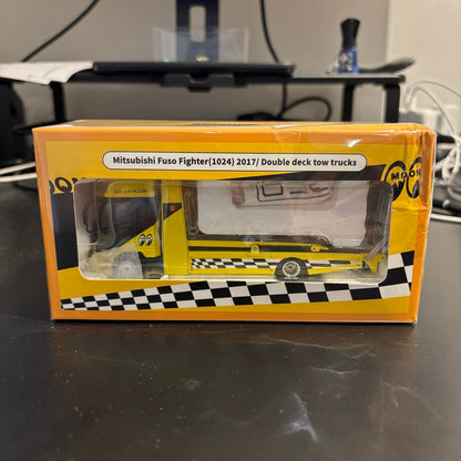 (Damaged Paper Box) Shadow Pro 1:64 Mitsubishi Fuso Fighter MK2 FK 2017 Outriggers Raised Double Deck Tow Truck - Mooneyes (416)
