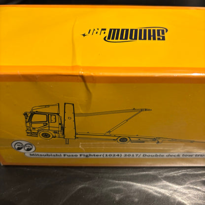 (Damaged Paper Box) Shadow Pro 1:64 Mitsubishi Fuso Fighter MK2 FK 2017 Outriggers Raised Double Deck Tow Truck - Mooneyes (416)