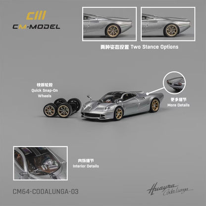 CM Model 1:64 Pagani Huayra Codalunga Metallic Silver Official Licensed with Extra Wheel-Set for Replacement