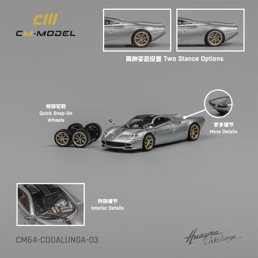 CM Model 1:64 Pagani Huayra Codalunga Metallic Silver Official Licensed with Extra Wheel-Set for Replacement