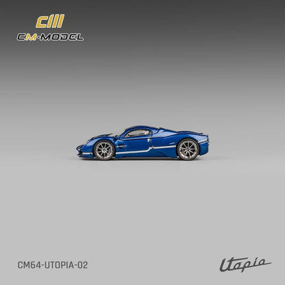 CM Model 1:64 Pagani Utopia Metallic Blue Official Licensed Removable Engine Hood with Detailed Engine Metallic Exhausts