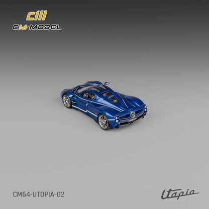 CM Model 1:64 Pagani Utopia Metallic Blue Official Licensed Removable Engine Hood with Detailed Engine Metallic Exhausts