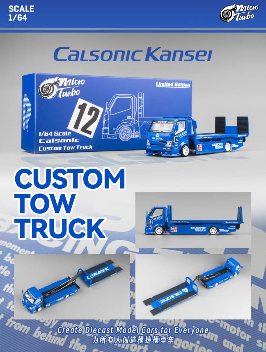 Micro Turbo 1:64 Hino 300 Series MK2 Custom Extendable Flat Bed Tow Truck Calsonic Kansel Blue Edition