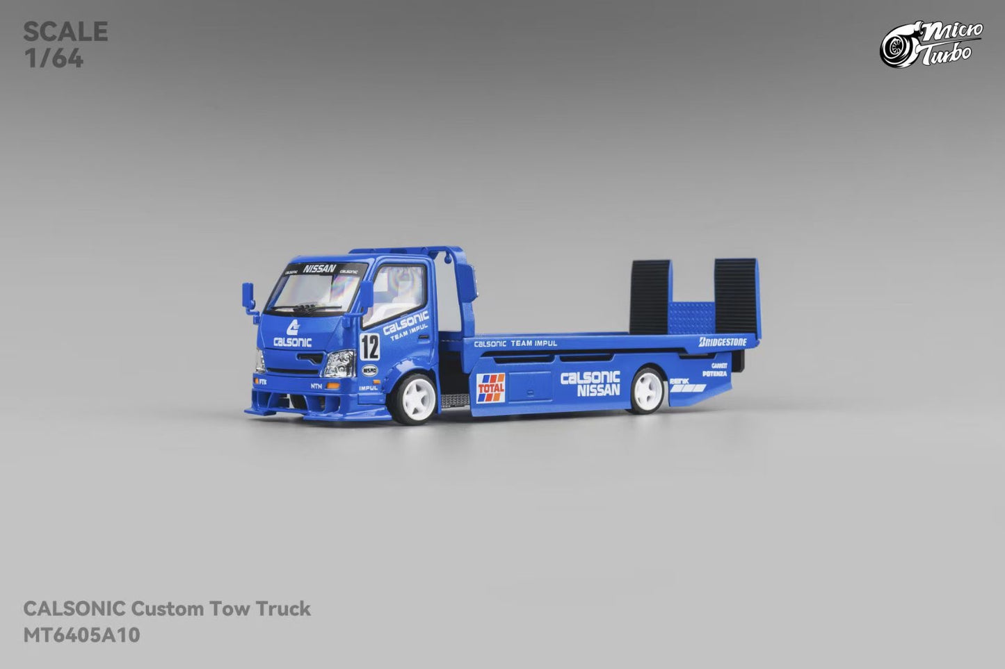 Micro Turbo 1:64 Hino 300 Series MK2 Custom Extendable Flat Bed Tow Truck Calsonic Kansel Blue Edition