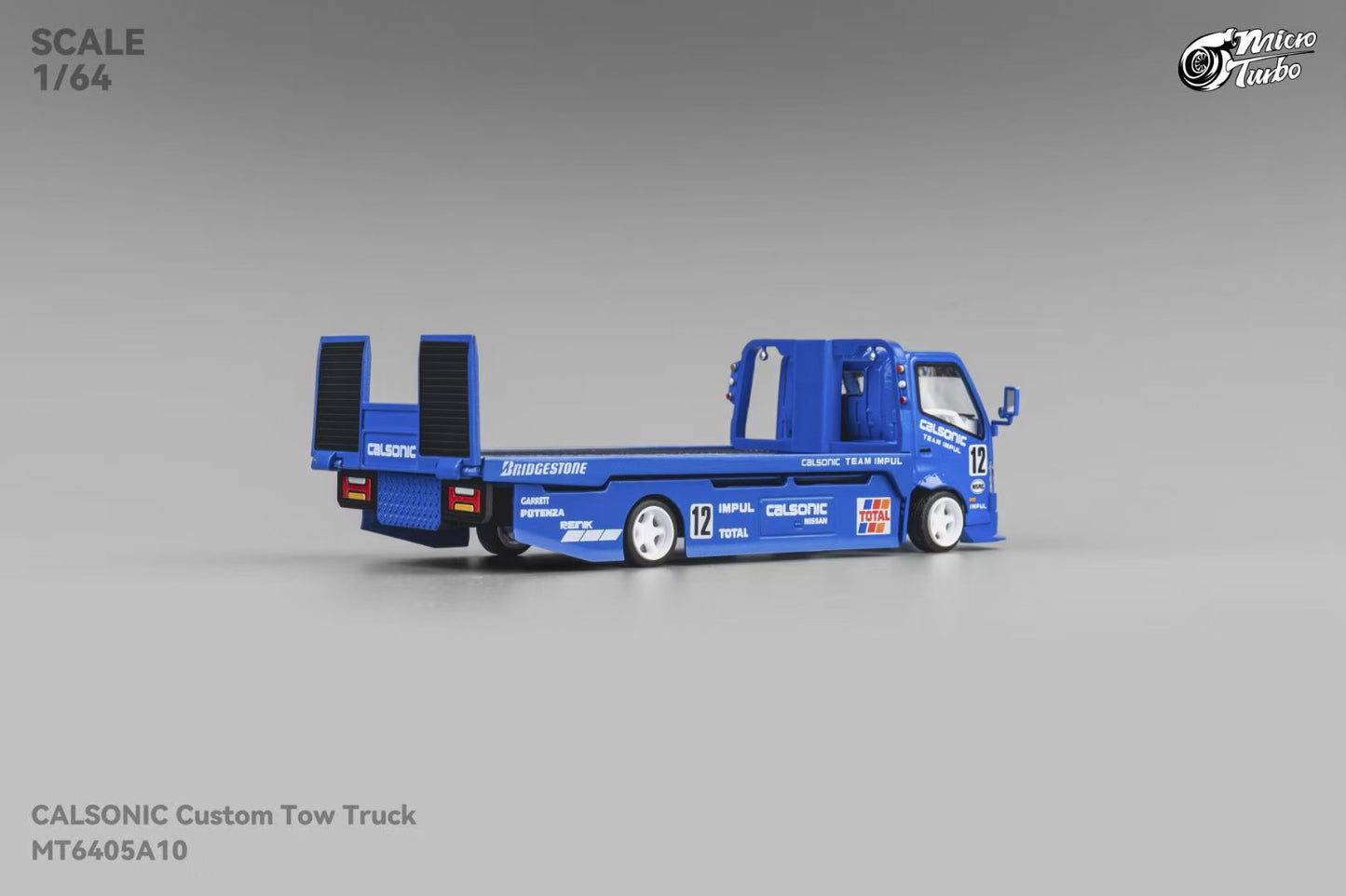 Micro Turbo 1:64 Hino 300 Series MK2 Custom Extendable Flat Bed Tow Truck Calsonic Kansel Blue Edition
