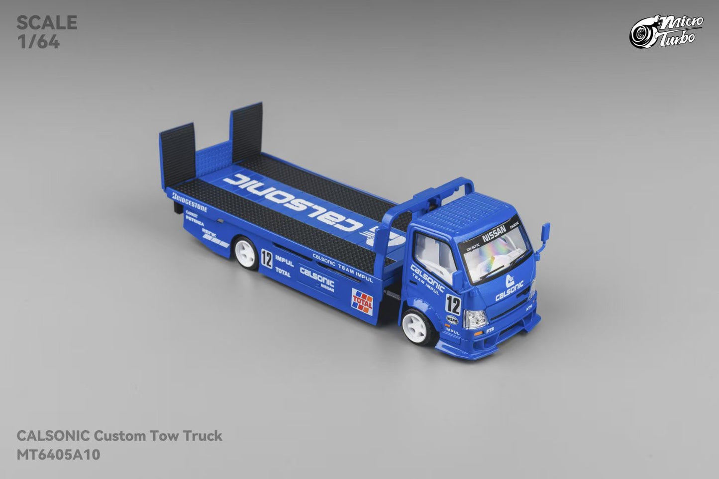 Micro Turbo 1:64 Hino 300 Series MK2 Custom Extendable Flat Bed Tow Truck Calsonic Kansel Blue Edition