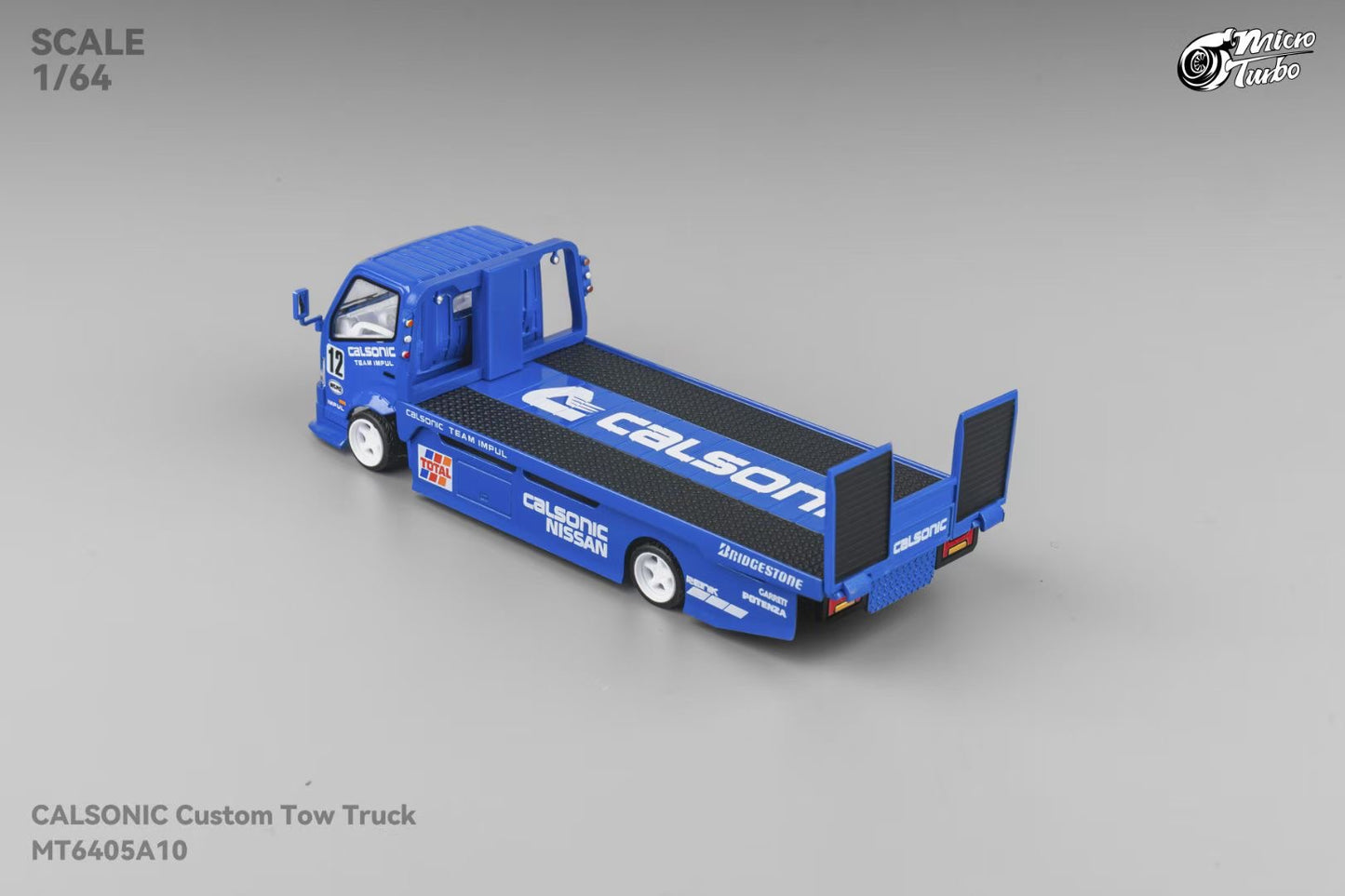 Micro Turbo 1:64 Hino 300 Series MK2 Custom Extendable Flat Bed Tow Truck Calsonic Kansel Blue Edition