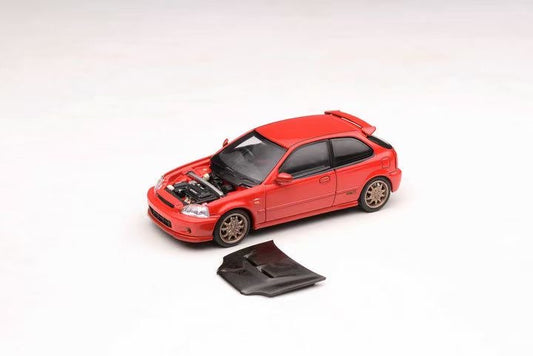 Motorhelix Intern Series 1:64 Honda Civic Type R EK9 Carbon Hood Mugen Edition Milan Red - Honda and Mugen Official Licensed